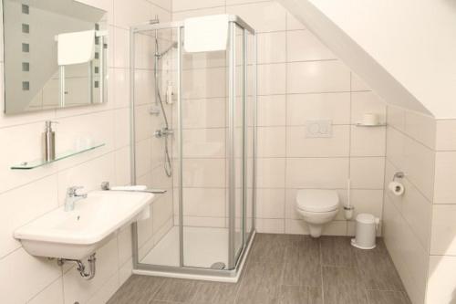 een badkamer met een douche, een wastafel en een toilet bij Gasthaus zur Linde in Dombühl