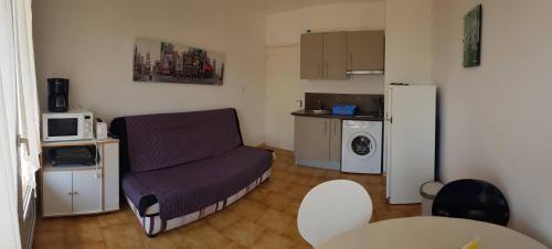 Elle comprend un petit salon doté d'un canapé et d'un réfrigérateur. dans l'établissement T2 Lava Plage, à Appietto