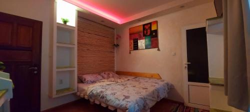 a bedroom with a bed with a pink light on it at Sentosa ROOM in Nesebar