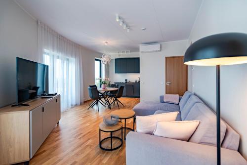 a living room with a couch and a flat screen tv at Artisa Riia Str 22A Luxury apartment in Tartu