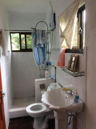 een badkamer met een wastafel, een toilet en een bad bij PAPAYAS SELF catering ROOM in Victoria