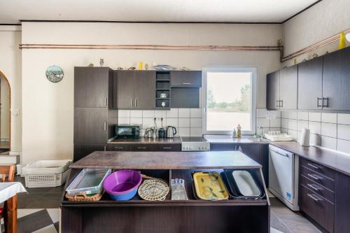 a kitchen with a counter with dishes on it at Tíztó Vendégház in Baja