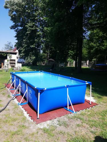a large blue pool in a yard with trees at Ubytovanie Queen in Nováky