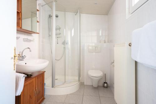 ein Bad mit einer Dusche, einem WC und einem Waschbecken in der Unterkunft Alt-Emder Bürgerhaus in Emden