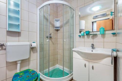 ein Bad mit einer Dusche und einem Waschbecken in der Unterkunft Apartment Damir 50 meters from the beach in Pula