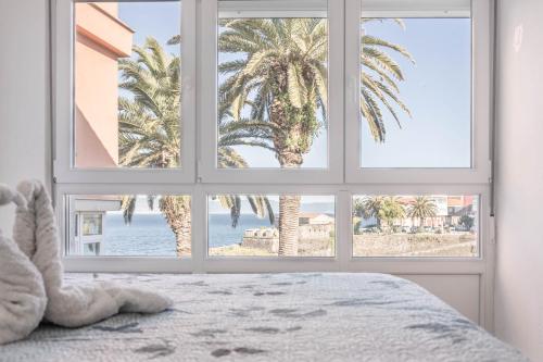 1 dormitorio con ventana y vistas a una palmera en Apartamento Fisterra con vistas al mar, en Finisterre