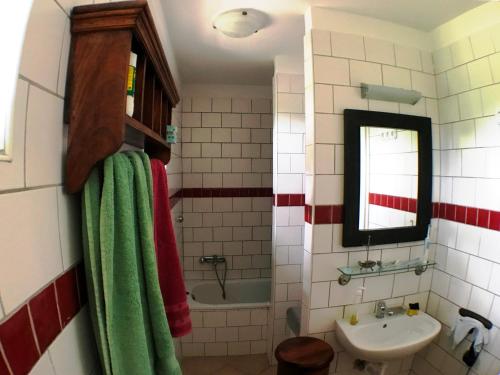 uma casa de banho com um lavatório, uma banheira e um chuveiro em Katti Home Cottage Balaton em Vászoly