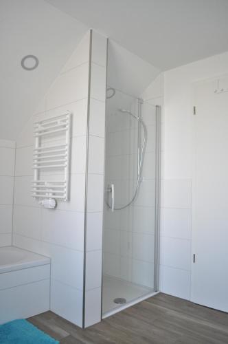 a bathroom with a shower with a glass door at B Home SLEEP & WORK in Burgrieden