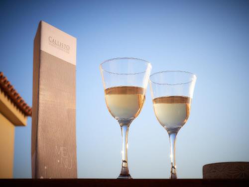 two glasses of white wine sitting next to a box at Callisto Seaside Homes & Suites in Marathopolis