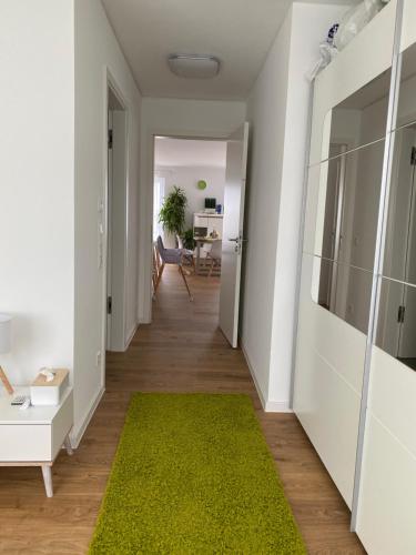 a hallway with a green rug in a white room at Panorama Penthouse Apartment mit Klima und Whirlpool für bis zu 6 Personen in Frankenthal