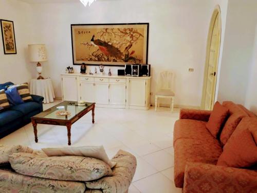 un soggiorno con divano e tavolino da caffè di La casa di Elisa villa con piscina a San Leone