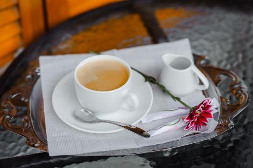 a cup of coffee on a plate with a flower at TipTop Hotel CITY CENTER in Chişinău