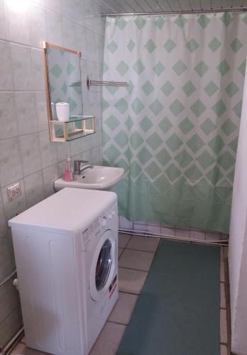a bathroom with a washing machine and a sink at Ципель 1 in Szack