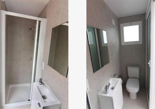 two pictures of a bathroom with a toilet and a sink at Casa Marinera en Palamós in Palamós
