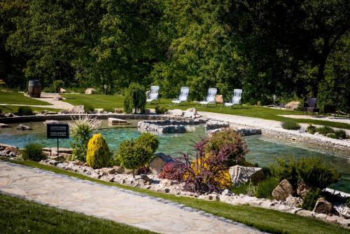 a garden with a pond in a park at Penzion Včelařský Dvůr in Lednice