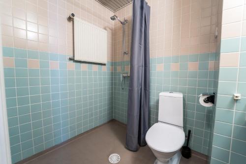 a bathroom with a toilet and blue tiles at Karolineburg Manor House Hotel in Kajaani