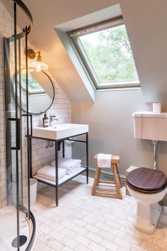 a bathroom with a sink and a toilet and a skylight at Beautiful Luxury Property in the Surrey Hills in Cranleigh