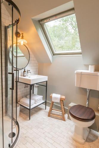 a bathroom with a toilet and a skylight at Beautiful Luxury Property in the Surrey Hills in Cranleigh