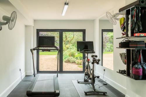 pokój z siłownią z bieżnią i oknem w obiekcie Beautiful Luxury Property in the Surrey Hills w mieście Cranleigh