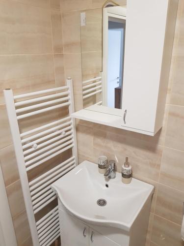 een badkamer met een witte wastafel en een spiegel bij S&D Apartman in Lukavica