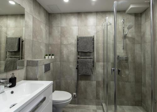 uma casa de banho com um chuveiro, um WC e um lavatório. em Studio Ligita near Egle em Druskininkai
