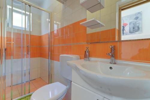 ein Bad mit einem WC, einem Waschbecken und einer Dusche in der Unterkunft Apartments Antic in Senj