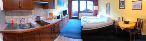 una cocina con fregadero y una cama en una habitación en Haus Anna, en Bad Kleinkirchheim