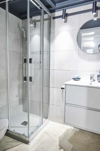 y baño con ducha, aseo y lavamanos. en Apartamento Calesa Centro Sevilla, en Sevilla