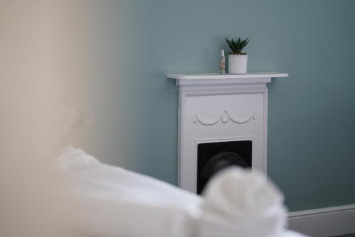 a white fireplace with a plant on top of it at Risca Retreat in Risca