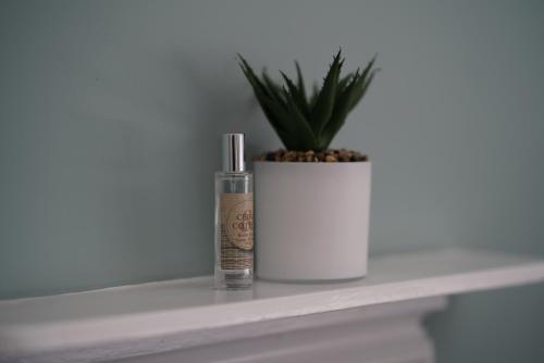 a white shelf with a perfume bottle and a plant at Risca Retreat in Risca