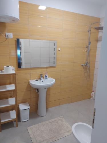 a bathroom with a sink and a shower and a mirror at K2 HOME - 6th floor in Tirana