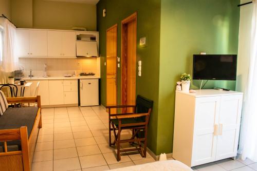 a kitchen with green walls and a table and chairs at Kiki's Apartments in Néos Pírgos
