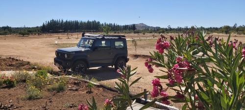 a jeep parked in a dirt field with flowers at Willy's Country Club Cauquenes in De Cauquenes