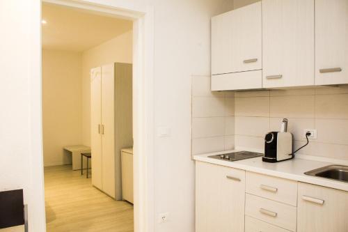 a small kitchen with white cabinets and a sink at Hotel Sant'Orsola City House in Bologna