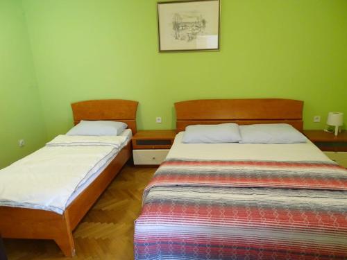 two beds in a room with green walls at Zana Apartments in Stan Trigraci