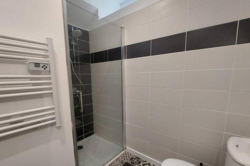 La salle de bains est pourvue d'une douche, de toilettes et d'un lavabo. dans l'établissement Villa Jean Julien - Les Cascades - Appartement T3 - 2 chambres - 6 personnes, à Le Mont-Dore