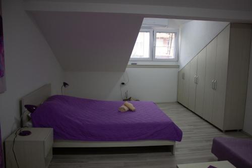 um quarto com uma cama roxa com um ursinho de peluche em Markulev Apartment em Ohrid