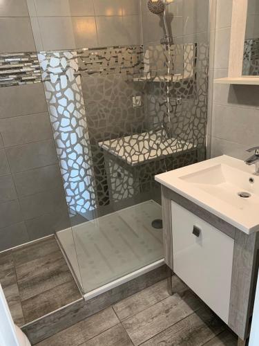 une salle de bain avec une douche et un lavabo et un lavabo dans l'établissement L'EFFET MER, DUPLEX SUR LE PORT AVEC SES 2 TERRASSES VUE MER, à Hyères