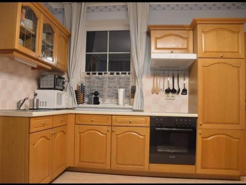 a kitchen with wooden cabinets and a black appliance at Ferienwohnung Familie Stuhr in Staatz