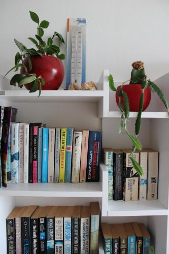 a book shelf filled with books and a potted plant at Apartments Maria Rab in Barbat na Rabu