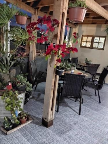 a restaurant with tables and potted plants in a room at Suites Bella vista in Campos do Jordão