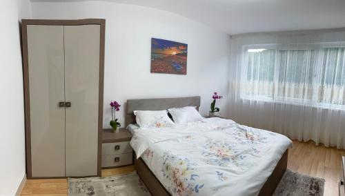 una camera con un grande letto e una finestra di Apartament Denisa a Orşova