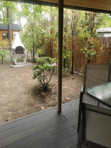 a screened porch with a view of a backyard at Domek MajAmi in Turawa