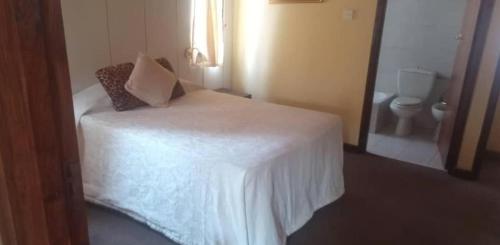 a bedroom with a white bed and a toilet at Copperbelt Executive Accommodation Ndola, Zambia in Ndola