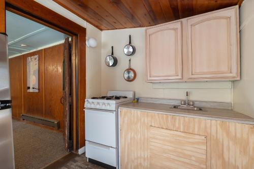 a kitchen with a stove and a sink at Harney Camp Cabins in Hill City
