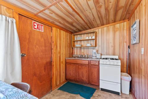 a small kitchen with a stove and a sink at Harney Camp Cabins in Hill City