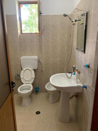 a bathroom with a toilet and a sink at Vila Deni in Tushemisht