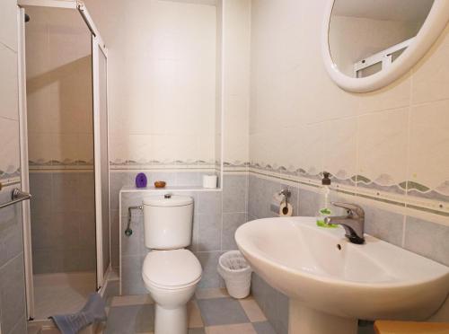 La salle de bains est pourvue de toilettes, d'un lavabo et d'un miroir. dans l'établissement Troncon Apartment Fuengirola, à Fuengirola