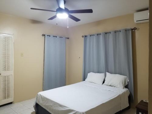 a bedroom with a bed with a ceiling fan at Marshan villa in Montego Bay