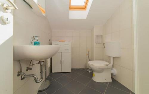 La salle de bains est pourvue d'un lavabo et de toilettes. dans l'établissement Apartment in Pakoštane with pool access, terrace, air conditioning, Wi-Fi, 3548-2, à Pakoštane